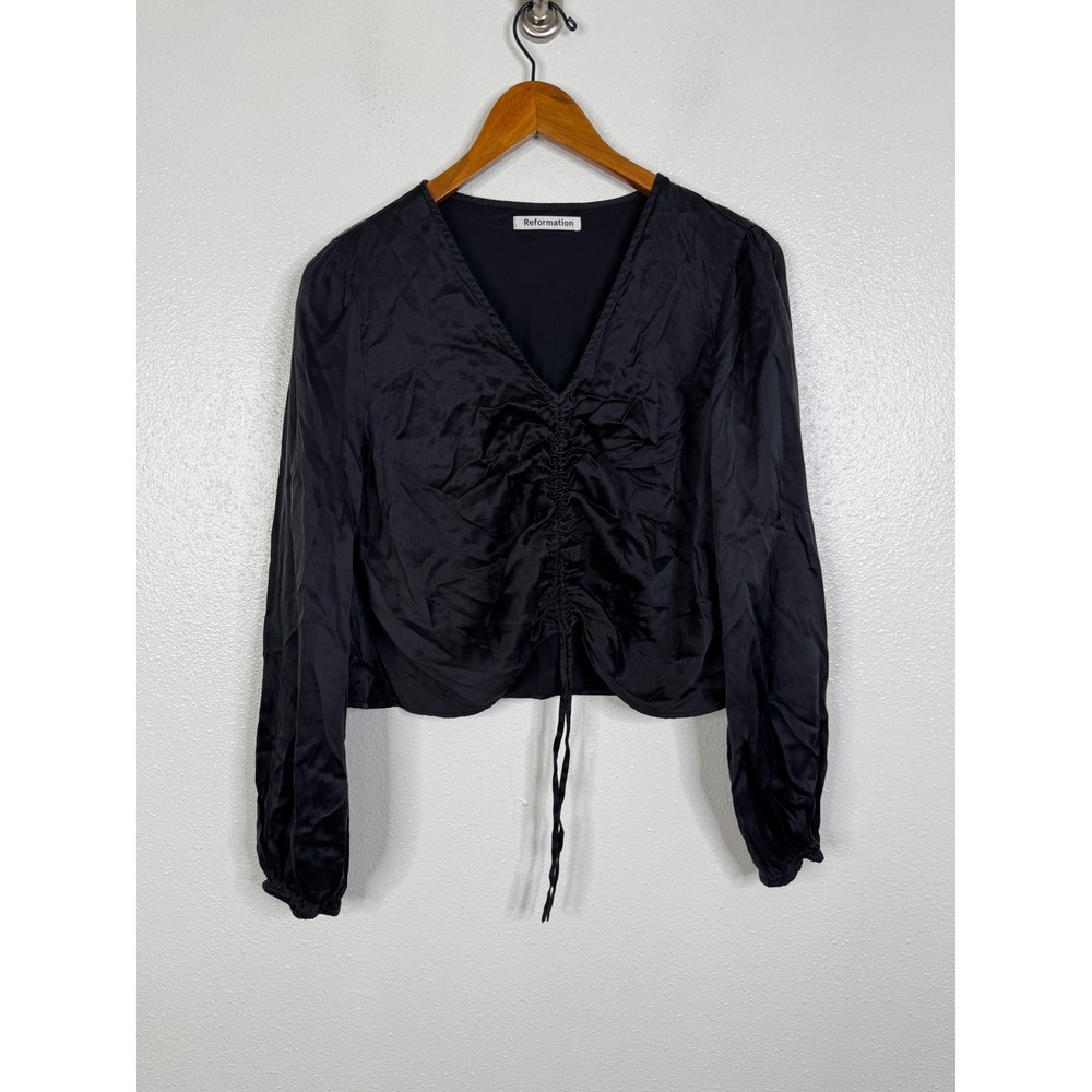 Reformation Black 100% Silk Ruched Drawstring V-Neck Long Sleeve Top XL